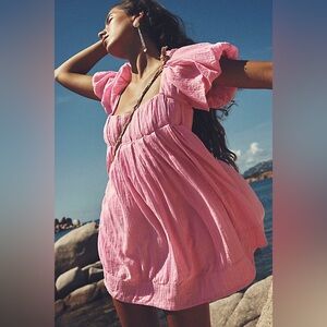 Free People Vibrant Pink Puff Sleeve Mini Dress